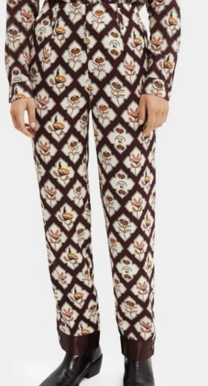 Scotch & Soda Sun Ray Satin Burgundy Floral Print Pleated Straight Leg Pants, S